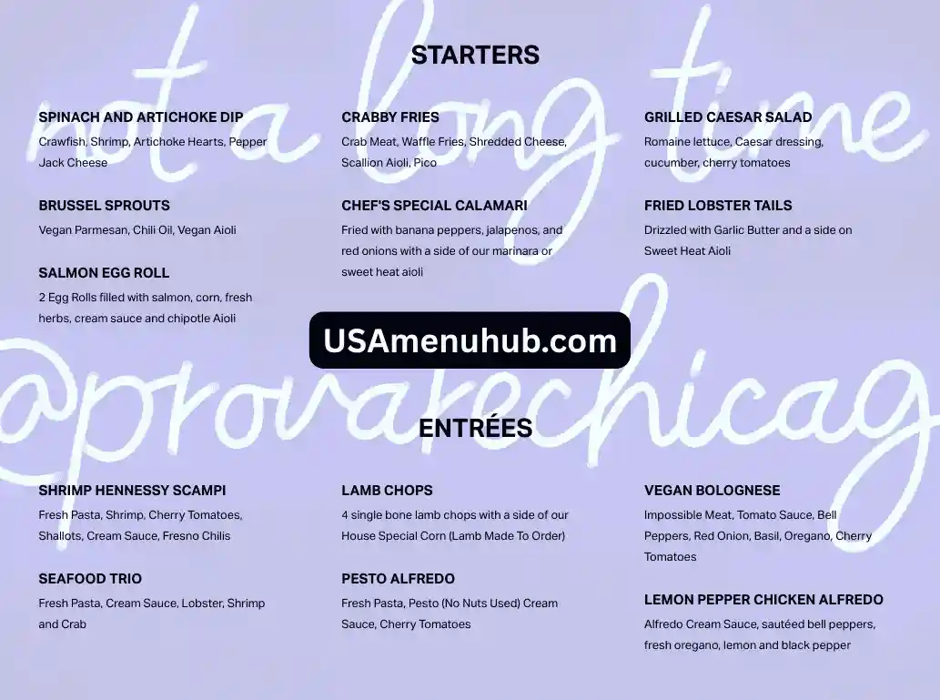 Provare Chicago Menu 2025
